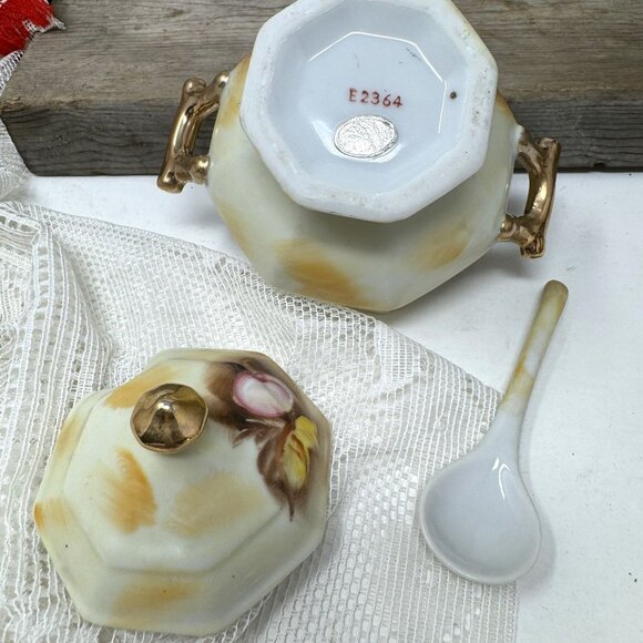 Vintage Enesco Sugar Condiment Bowl w/ Lid Spoon Fruit Gold Trim #E2364 - Picture 6 of 8
